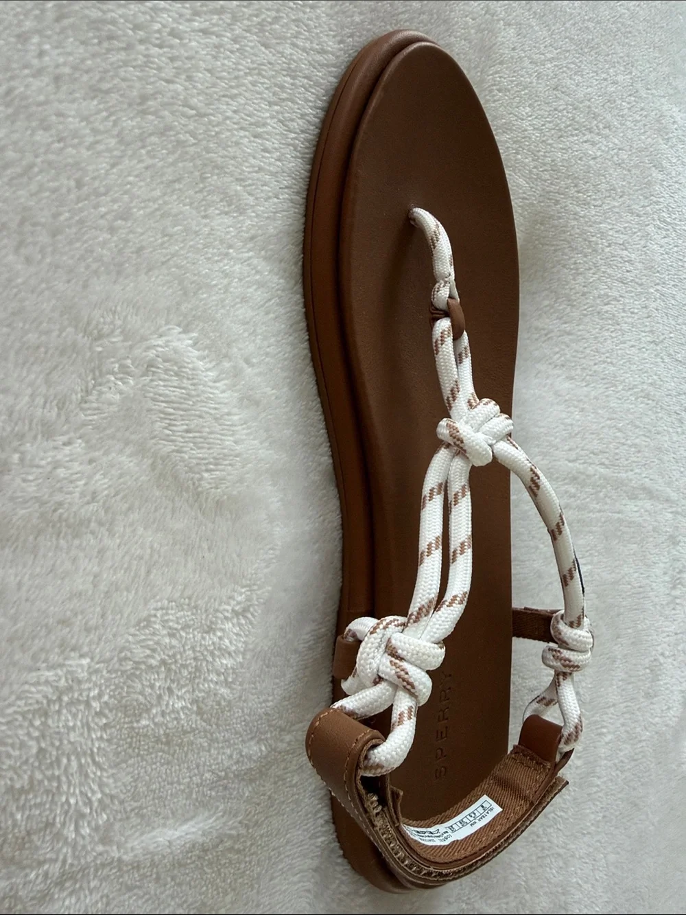 Sperry Brown Sandals with White Braided Rope T-Strap and Blue Accent - Picture 3 of 4